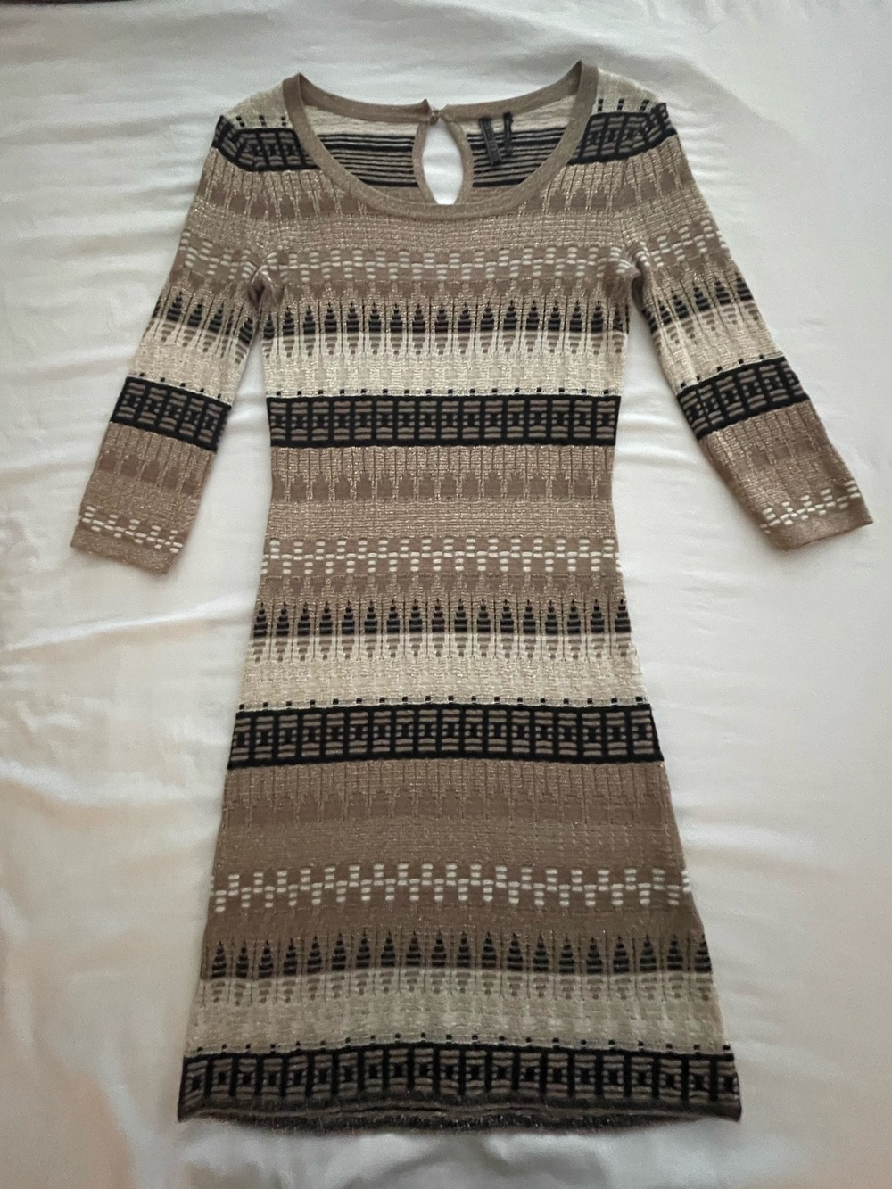 GUESS Metallic Gold Knit Midi Dress with Black Accents